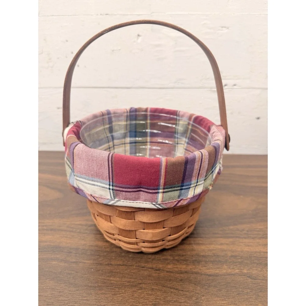 Longaberger Swing‎ Handle Small Fruit Basket Plaid Button Liner Vintage 1989 5